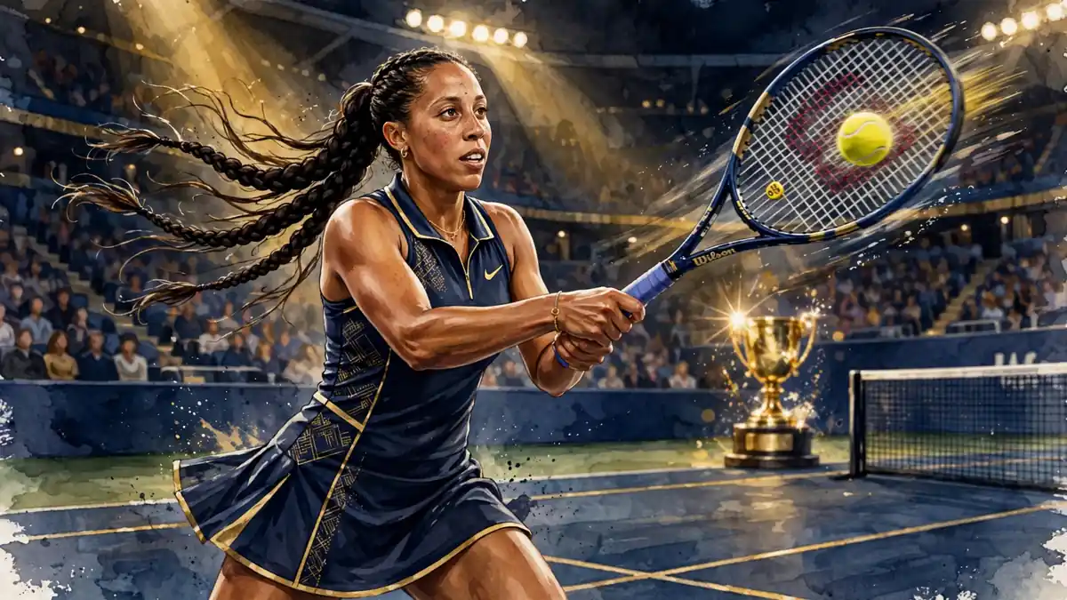 Stylized editorial illustration of tennis star Madison Keys mid-swing on court, navy and gold palette