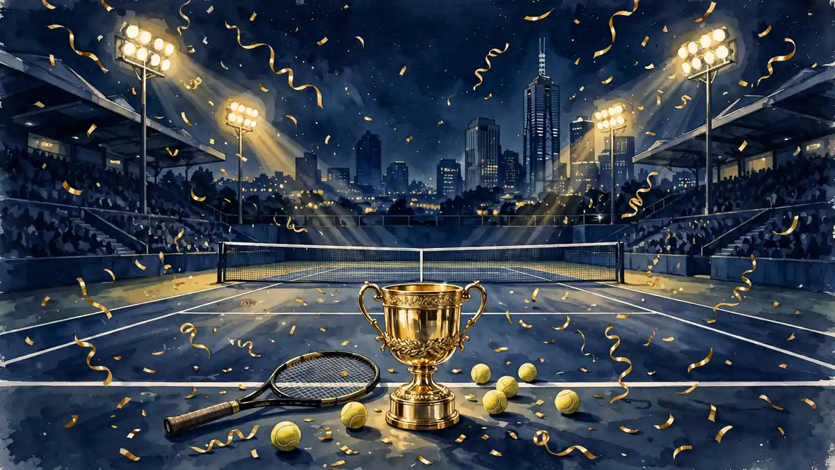 Illustration of a championship tennis trophy on a floodlit court at night, navy and gold tones