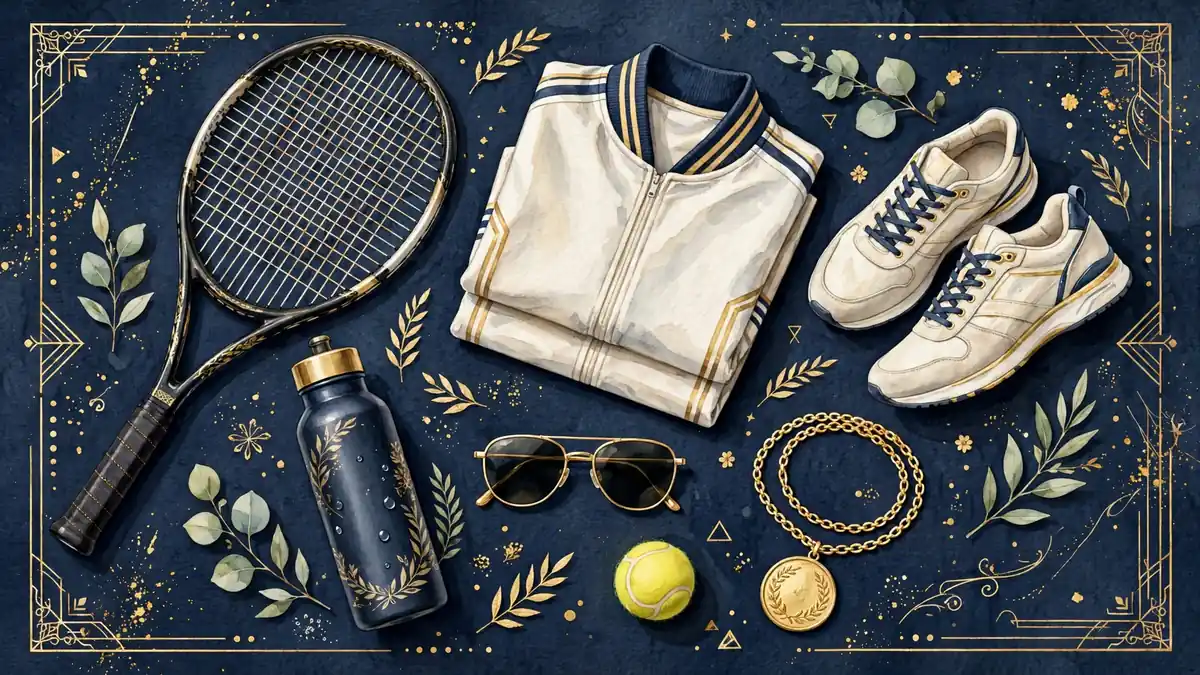 Illustration of premium tennis sponsorship gear — racket, apparel, sneakers and a gold medallion necklace — arranged on a navy surface