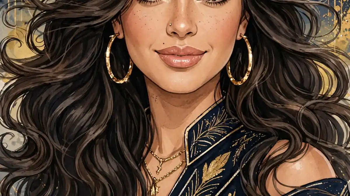 Stylized illustrated portrait of Cuban-American singer Malu Trevejo in navy and gold editorial style