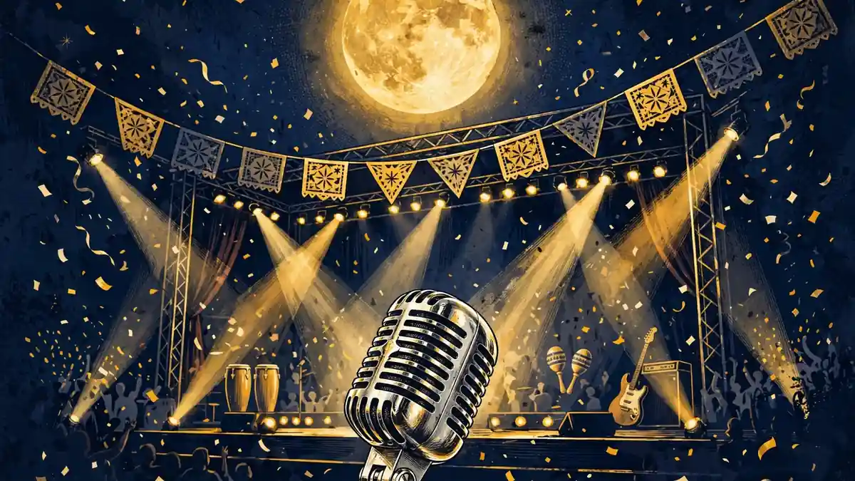 Illustration of a moonlit Latin pop concert stage with a vintage microphone, inspired by Malu Trevejo's Luna Llena era