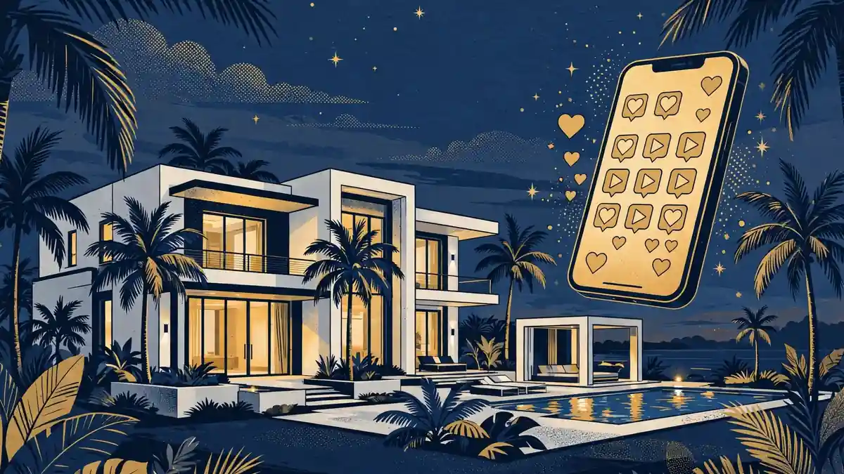 Illustration of a Miami luxury mansion beside a smartphone with social media icons, reflecting Malu Trevejo's influencer income and Florida real estate