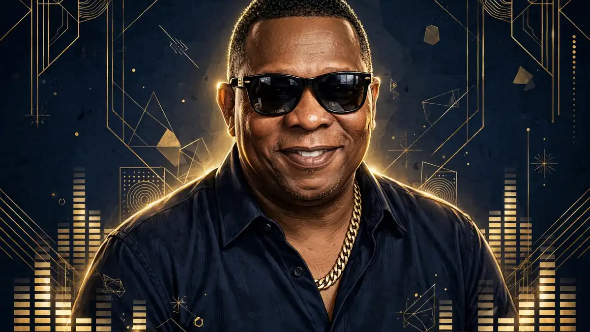 Stylized illustrated portrait of hip-hop producer Mannie Fresh in navy and gold