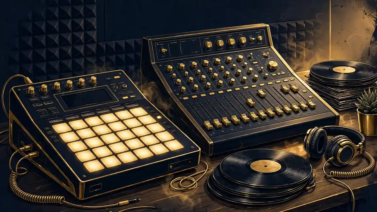 Illustration of a hip-hop recording studio mixing desk and drum machine in navy and gold tones