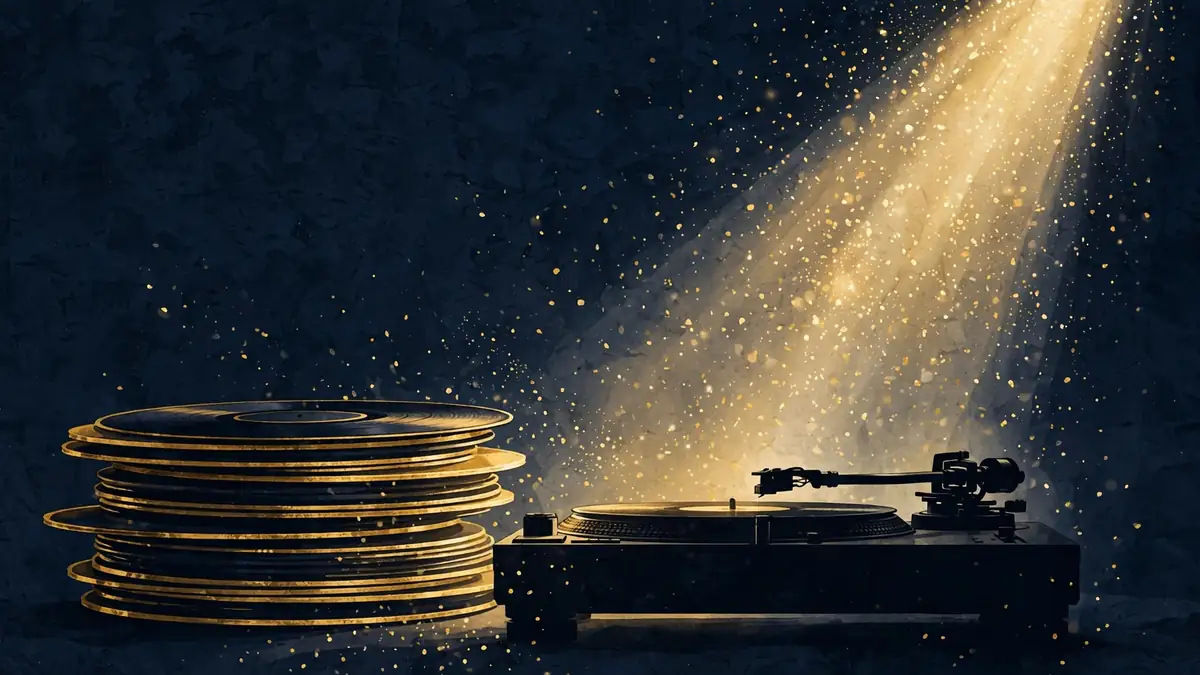 Illustration of vinyl records and a concert stage spotlight in navy and gold tones