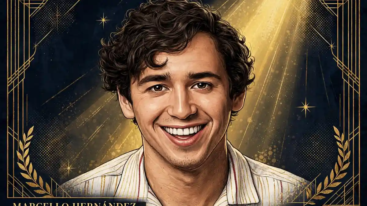 Illustrated editorial portrait of Cuban-Dominican comedian Marcello Hernández in navy and gold style