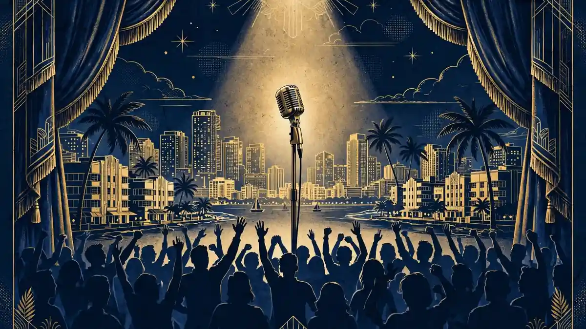 Illustration of a stand-up comedy stage under a spotlight, representing Hernández's touring income