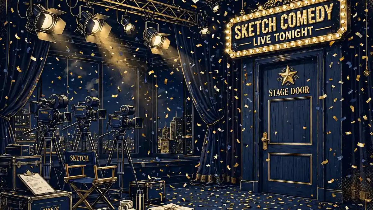Illustration of a sketch-comedy television studio set at night, representing his Saturday Night Live salary