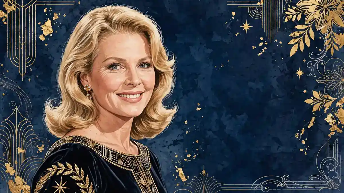 Stylized illustrated portrait of actress Mariette Hartley in navy and gold