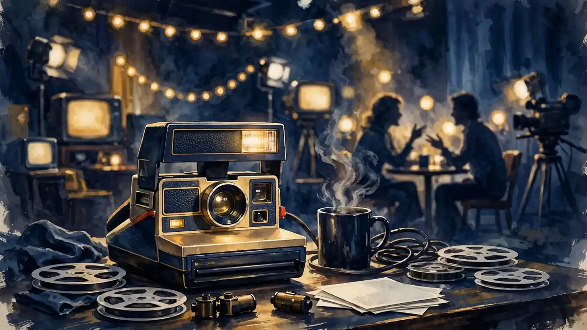 Retro Polaroid-style camera illustration recalling Mariette Hartley's famous commercials with James Garner