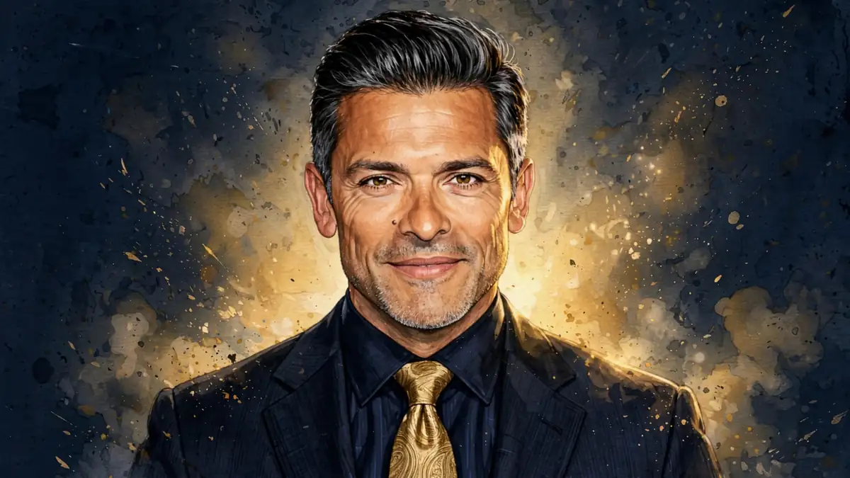 Illustrated editorial portrait of Mark Consuelos in a navy suit and gold tie.