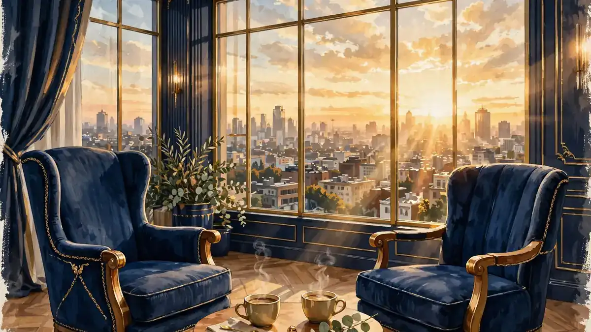 Illustration of a morning talk-show studio set with two host chairs and a sunrise city skyline