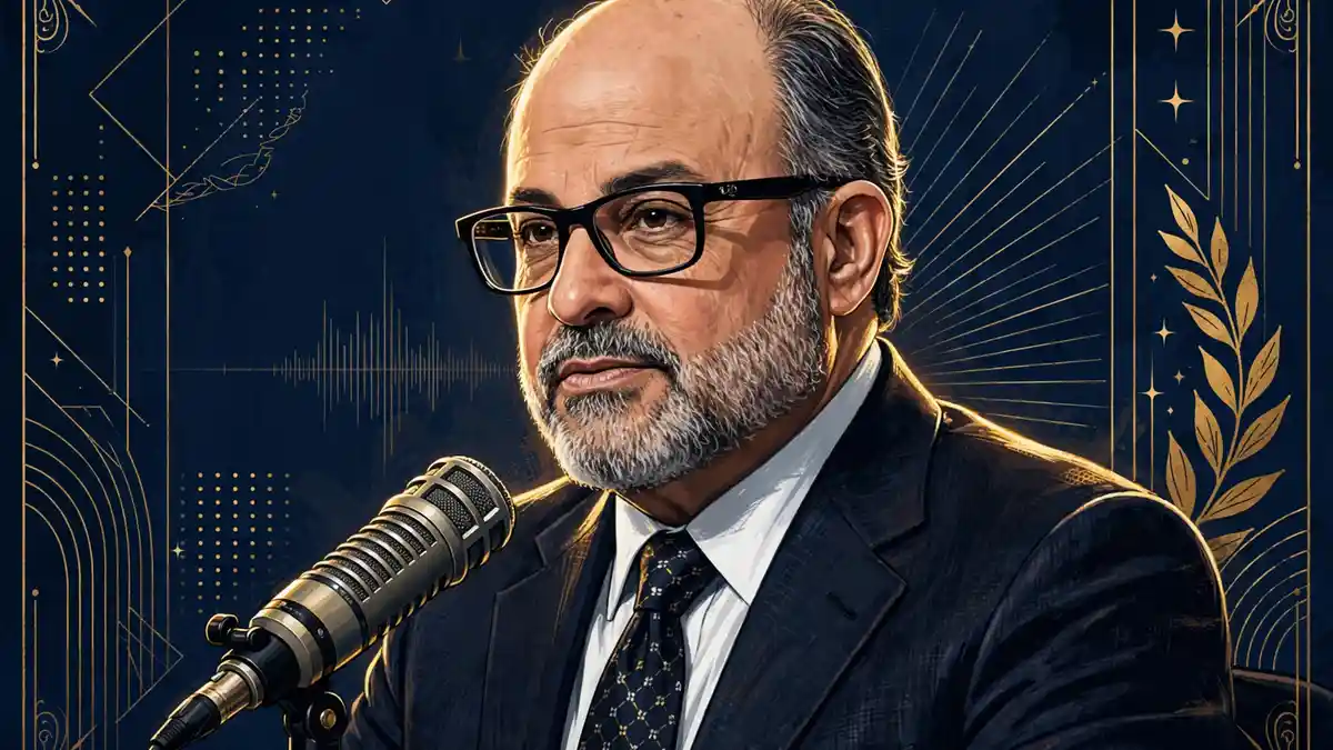 Illustrated portrait of Mark Levin in navy and gold editorial style