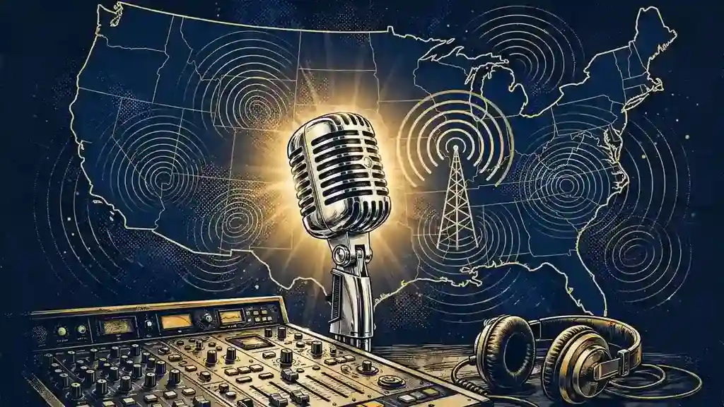 Illustration of a national talk radio studio with microphone and broadcast signal waves