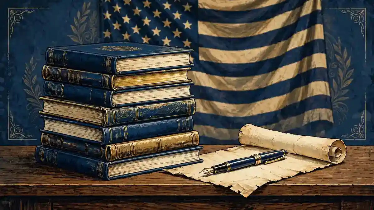 Illustration of hardcover books, a fountain pen, and parchment in navy and gold
