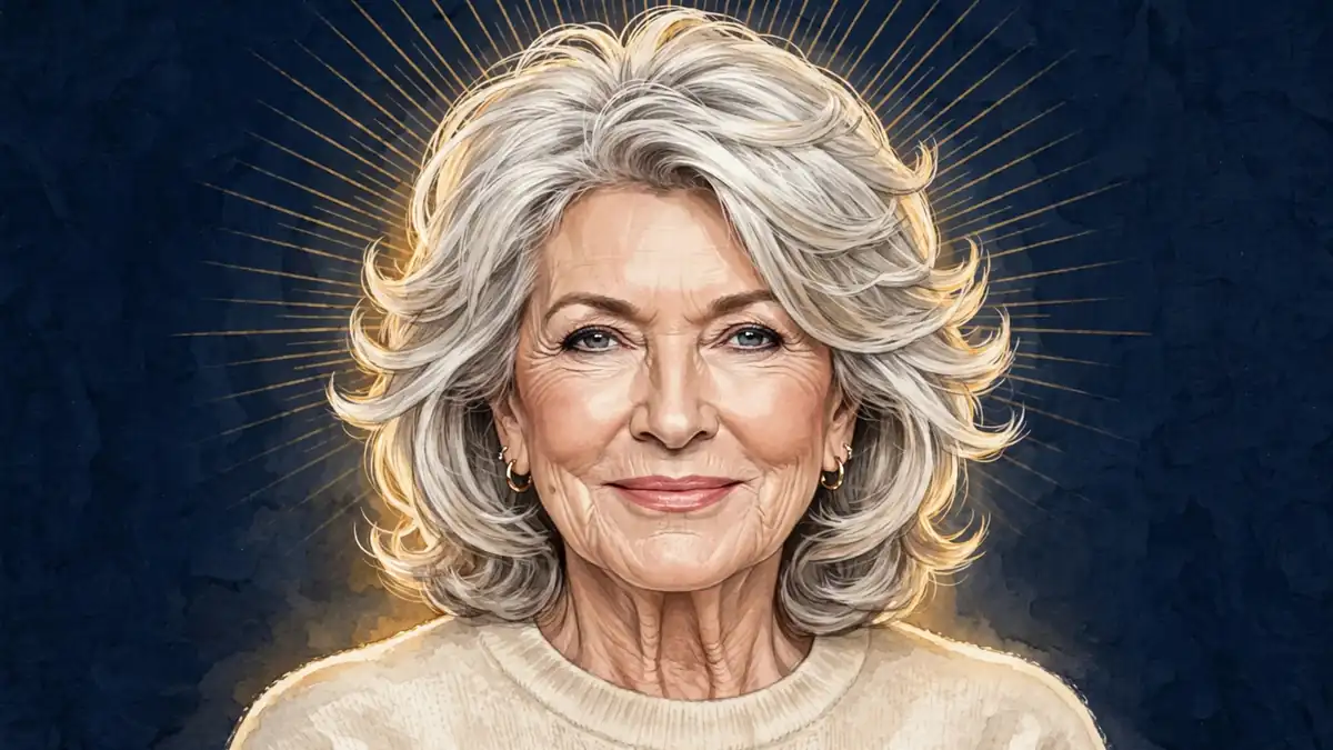 Stylized editorial illustration of Martha Stewart with silver-blonde hair against a navy and gold background