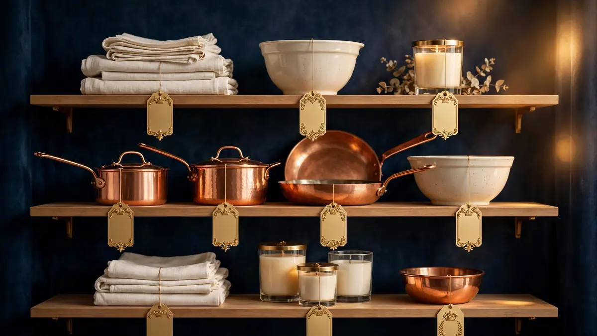 Editorial illustration of premium kitchen and home goods on retail shelves in cream, copper and gold, representing brand licensing royalties