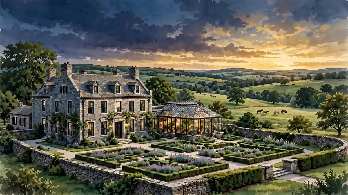 Editorial illustration of a historic American farm estate at golden hour with manor house, gardens and greenhouse