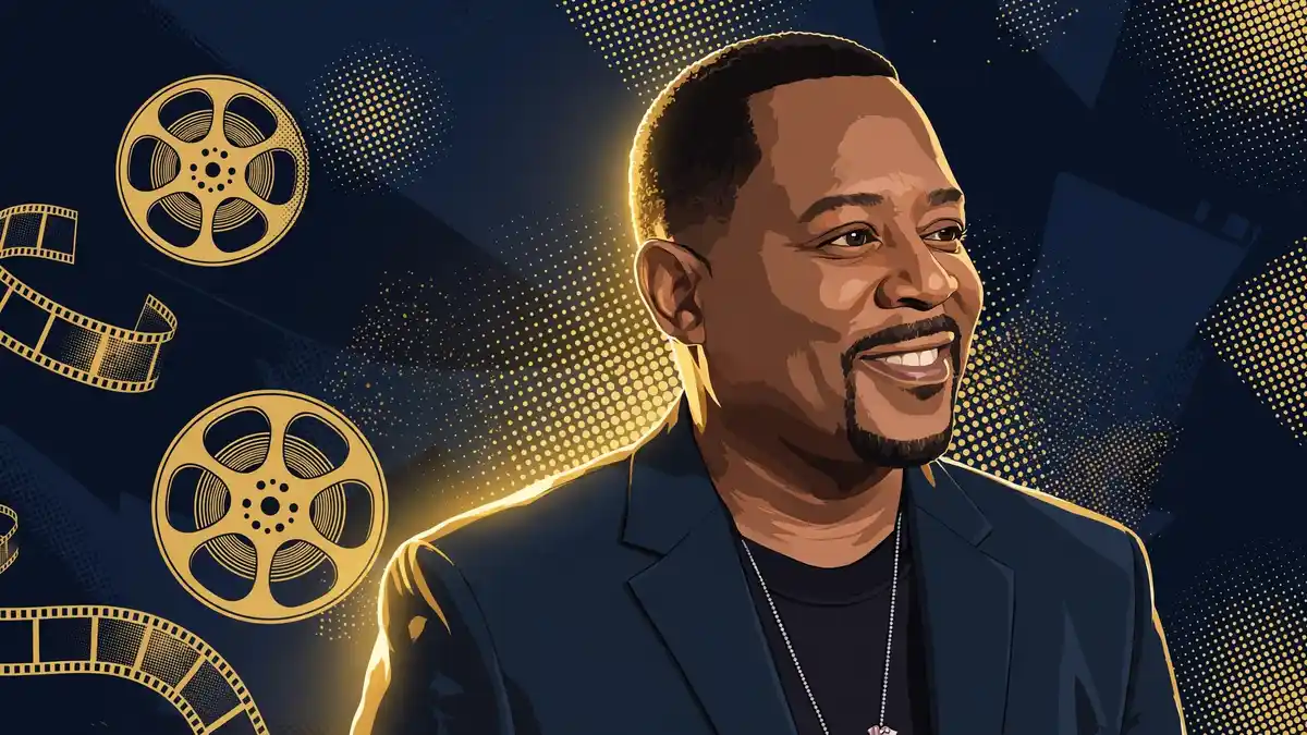 Stylized navy-and-gold illustrated portrait of comedian and actor Martin Lawrence