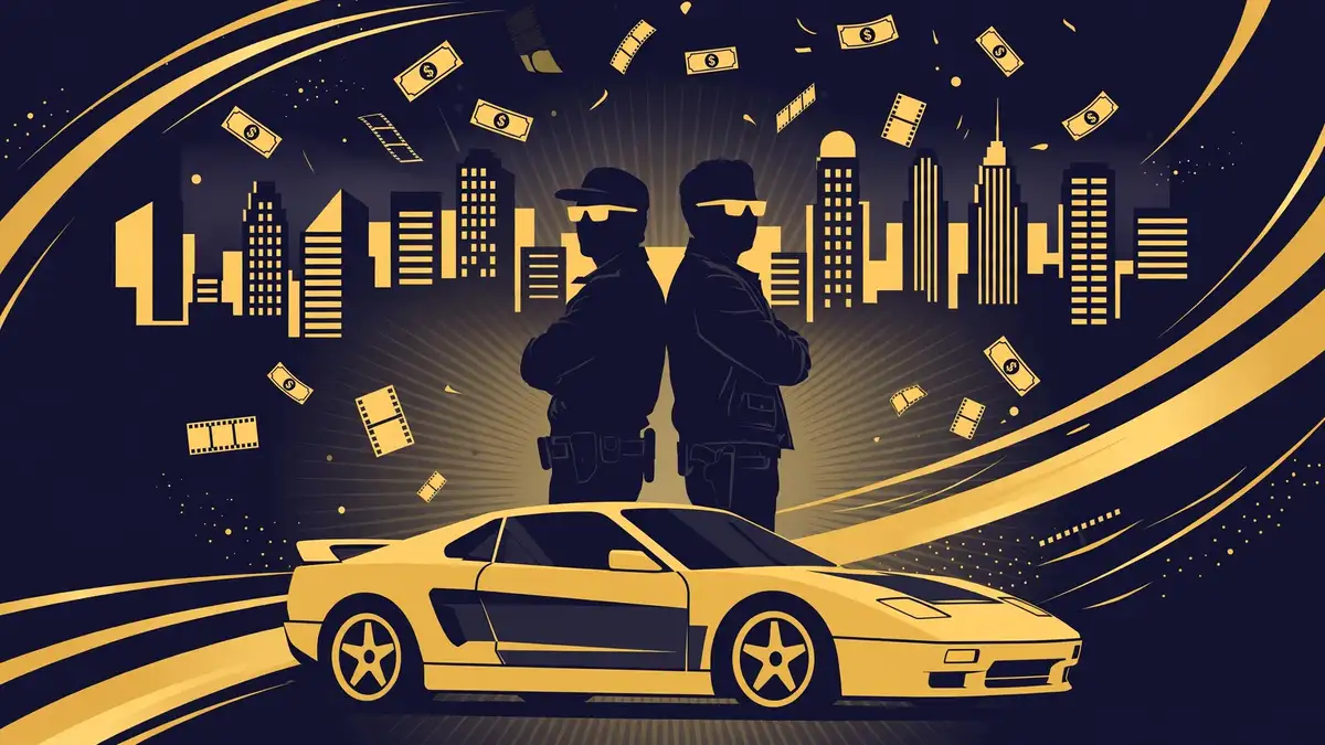 Illustration of two buddy-cop silhouettes with a sports car evoking the Bad Boys films