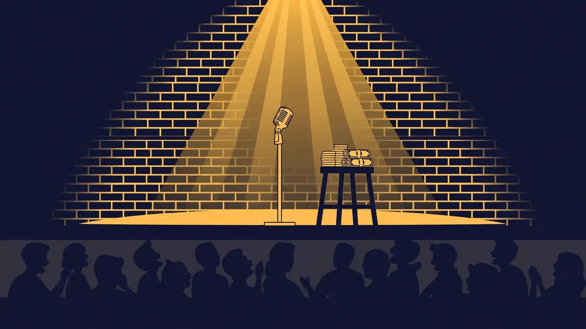 Illustration of a stand-up comedy stage with a vintage microphone under a golden spotlight