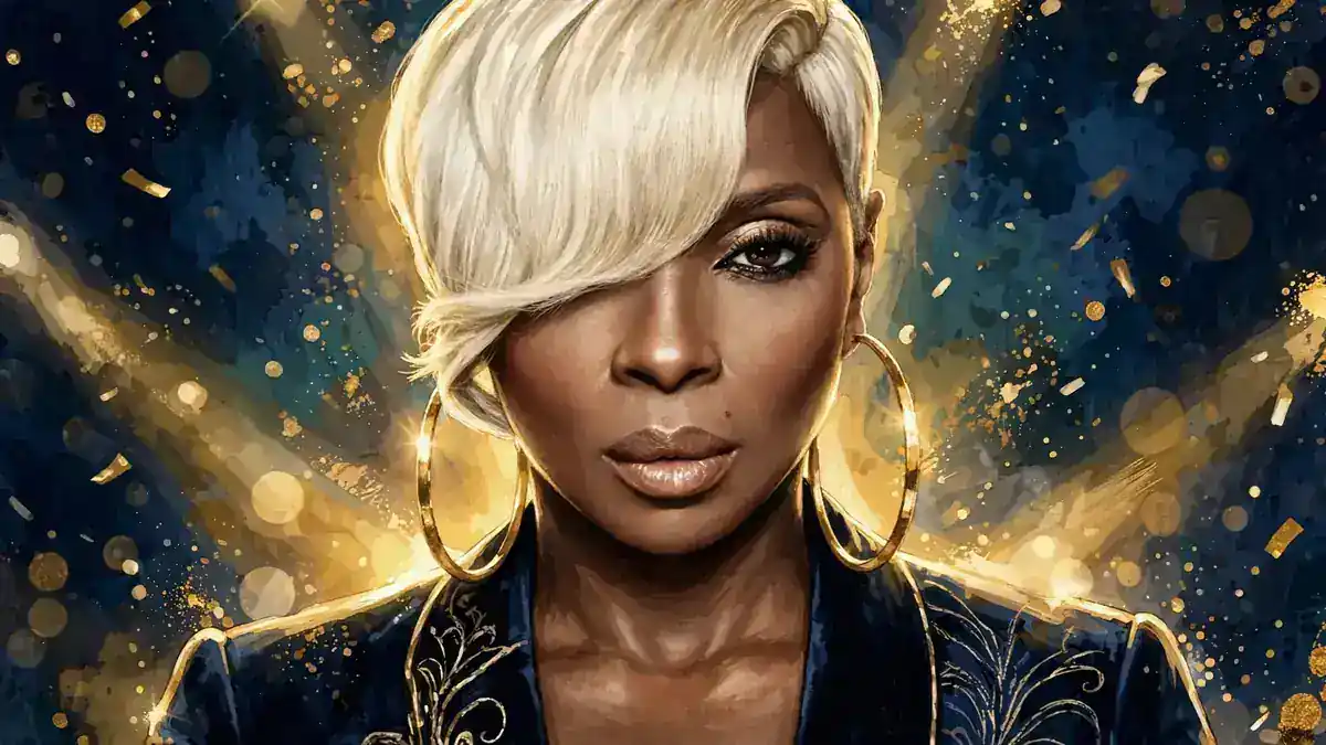 Illustrated portrait of Mary J. Blige with her signature blonde bob in navy and gold editorial style
