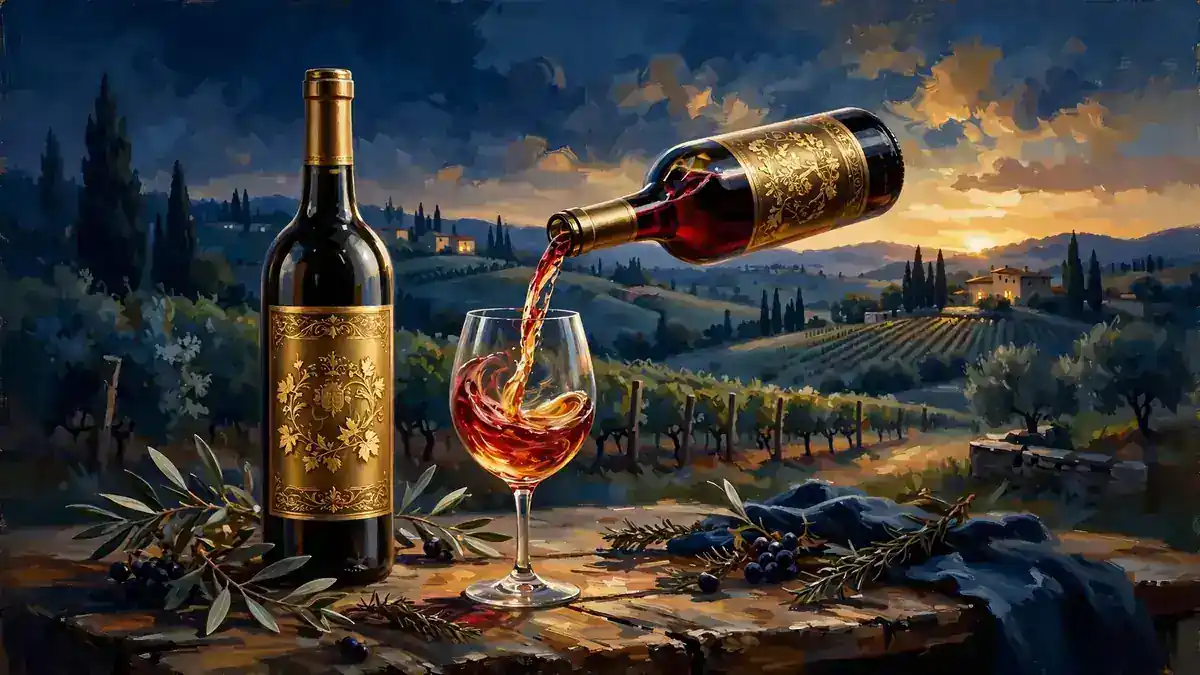 Illustrated wine bottles in an Italian vineyard representing Mary J. Blige's Sun Goddess wine brand