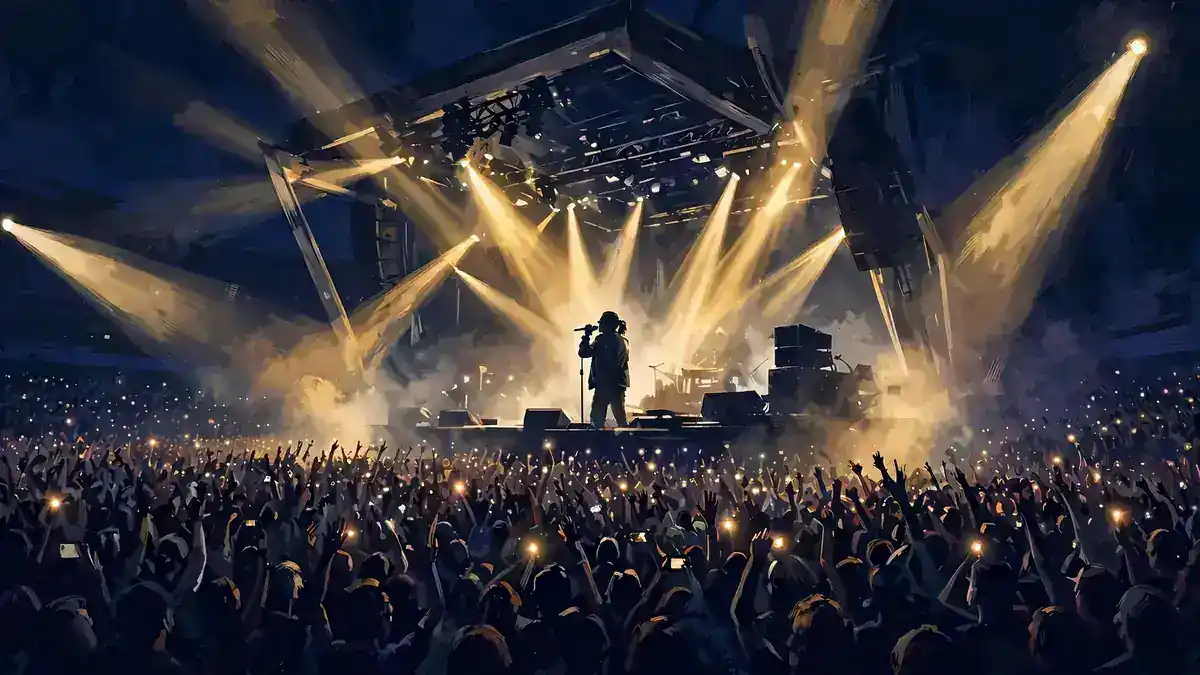 Illustrated arena concert with golden stage lights representing Mary J. Blige's For My Fans tour