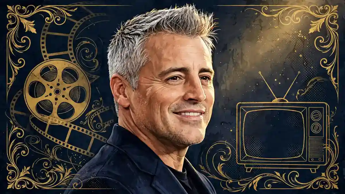 Illustrated editorial portrait of Matt LeBlanc, navy and gold style