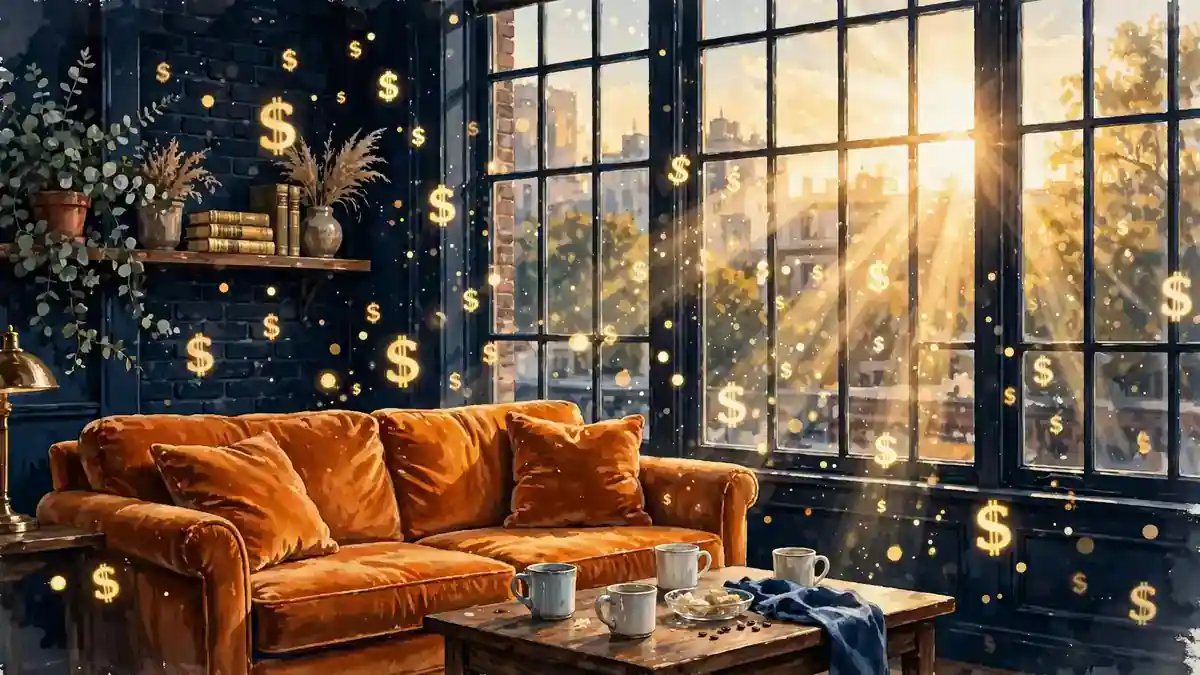 Illustrated sitcom coffeehouse scene with golden royalty motifs, navy and gold editorial style