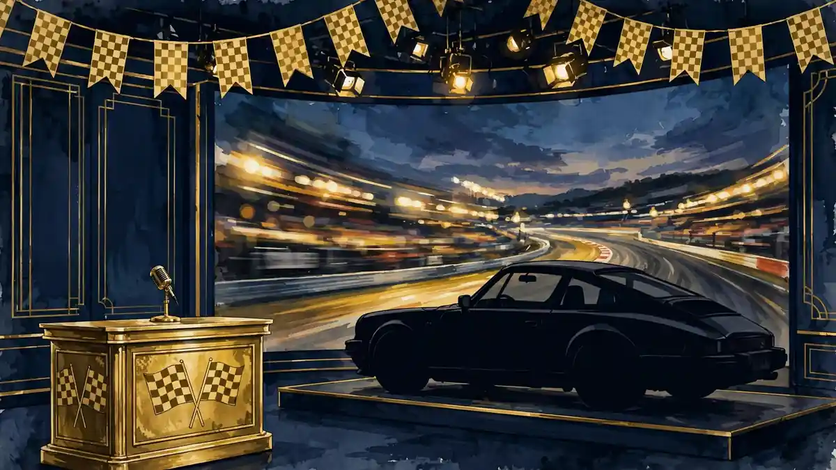 Illustrated sports car on a race track at dusk in navy and gold editorial style