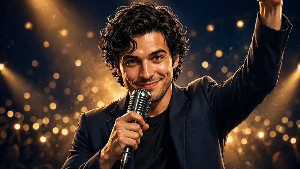 Stylized editorial illustration of stand-up comedian Matt Rife performing with a microphone under golden stage lights