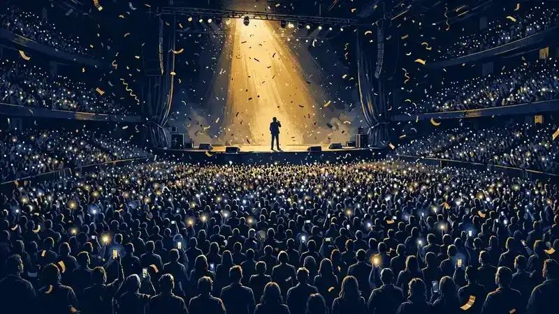 Illustration of a packed comedy arena with thousands of fans and glowing phone screens during Matt Rife's Stay Golden world tour