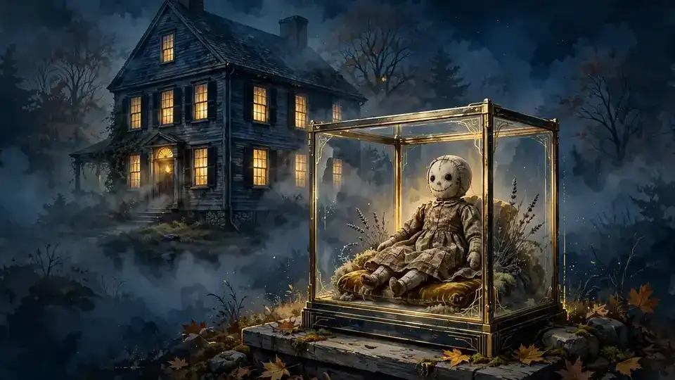 Illustration of a historic New England colonial house at night with a glass display case holding an antique doll, evoking the Warren Occult Museum
