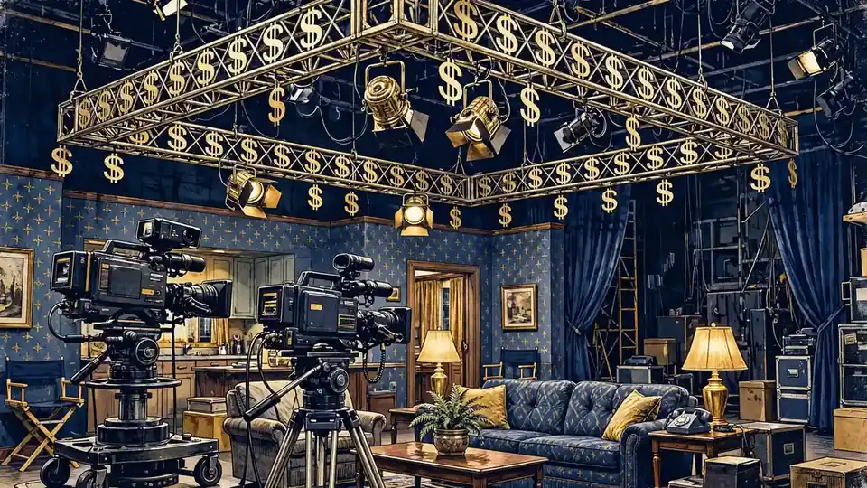 Illustration of a 1990s sitcom television soundstage with golden dollar motifs