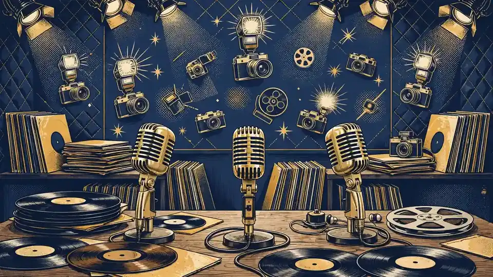 Illustration of a podcast studio with three microphones