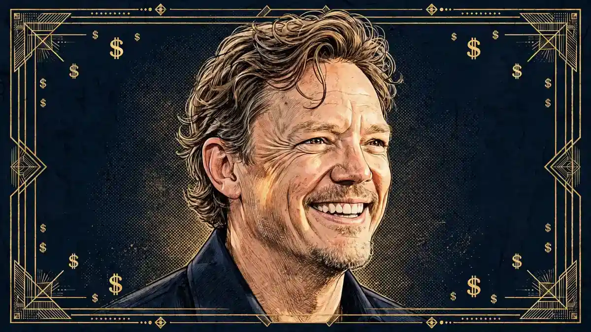 Stylized editorial illustration of Matthew Lillard in navy and gold