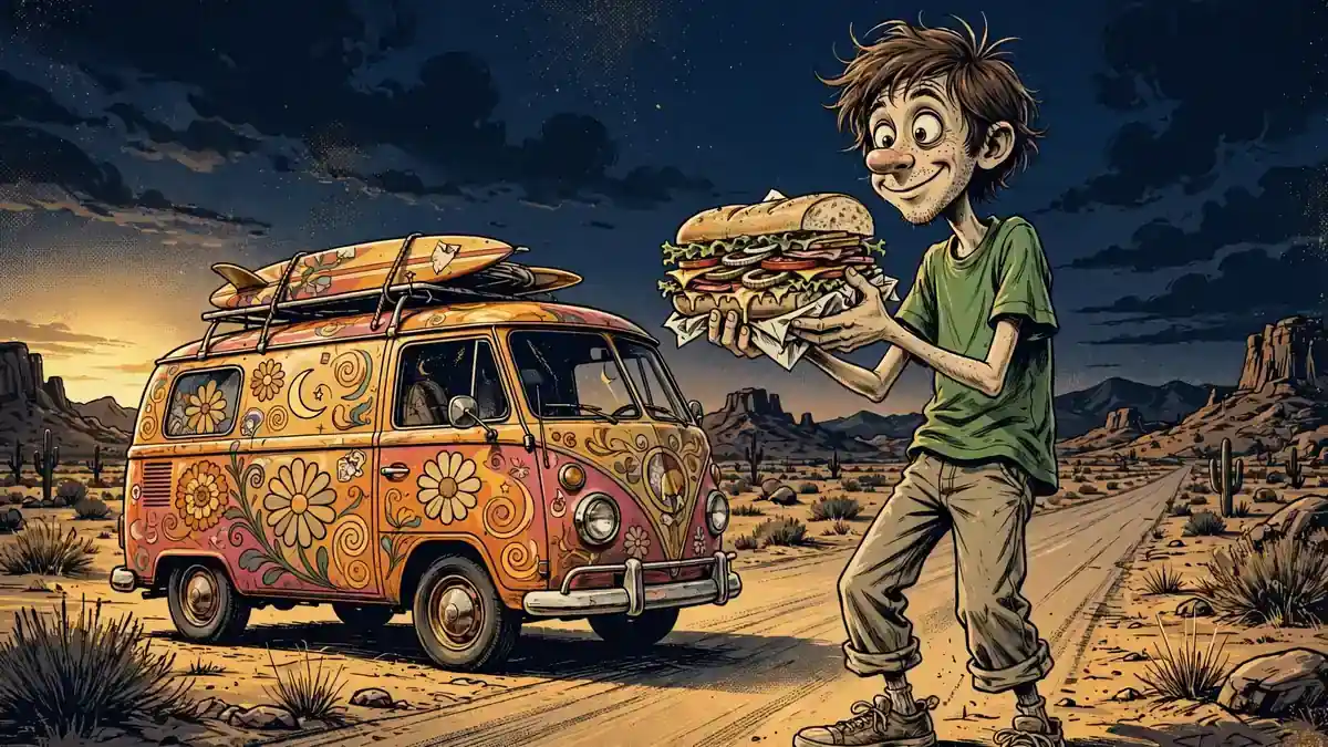 Original illustration of a goofy sidekick character with a giant sandwich beside a colorful mystery van