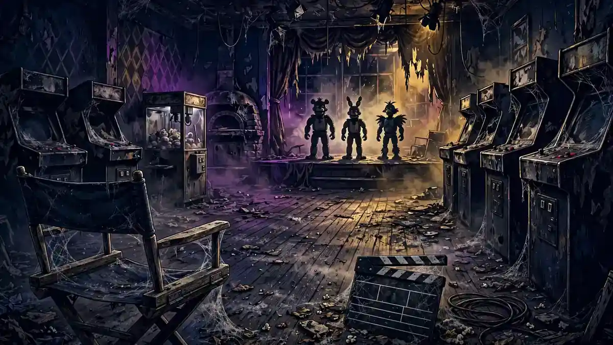 Original illustration of a haunted pizza arcade at night with a director's chair and clapperboard
