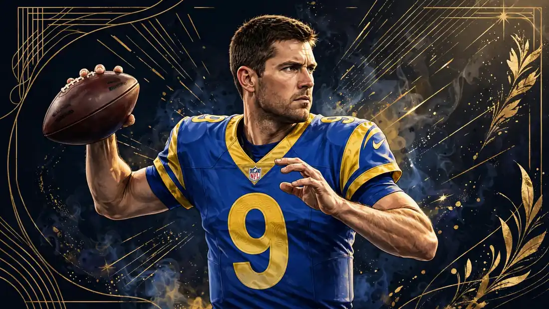 Stylized illustrated portrait of Matthew Stafford in a Los Angeles Rams number 9 uniform holding a football