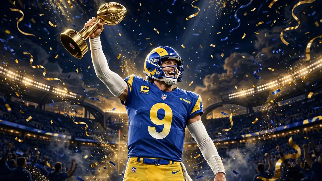 Illustrated depiction of Matthew Stafford lifting the Super Bowl trophy amid confetti in Rams colors