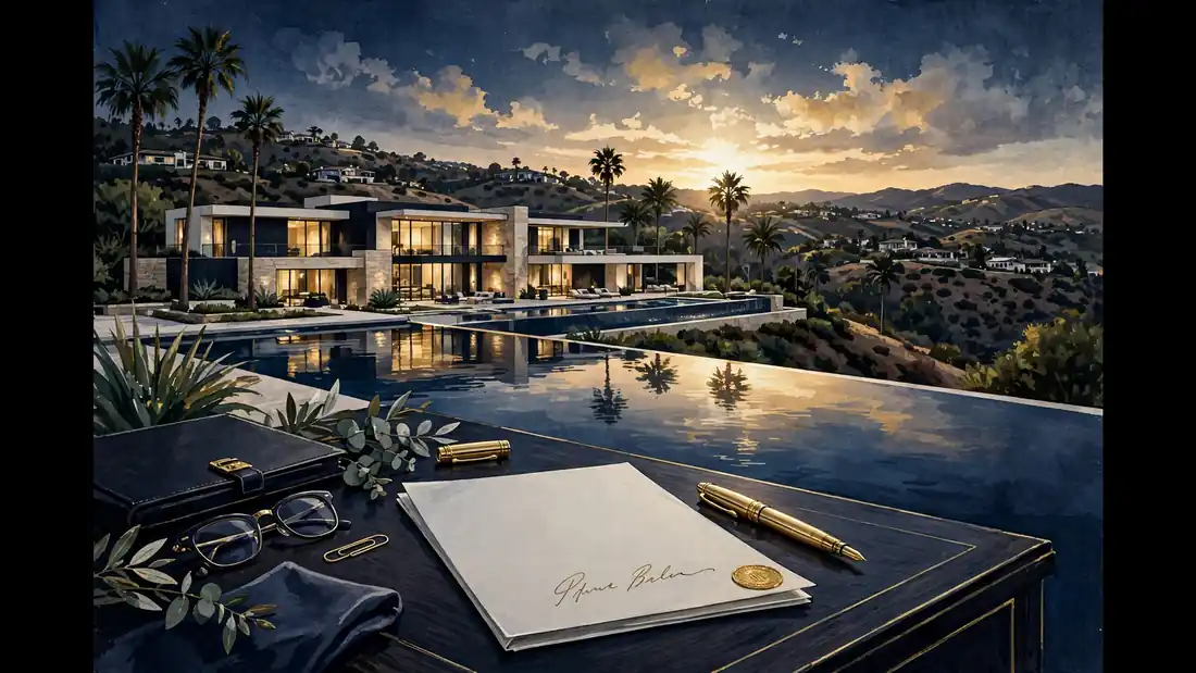 Illustrated view of a luxury Hidden Hills mansion at dusk with a signed contract and fountain pen