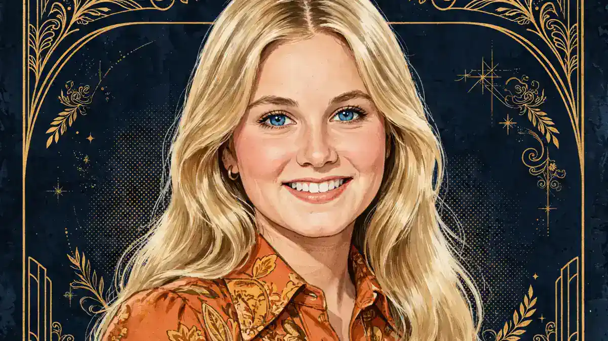 Illustrated portrait of Maureen McCormick as Marcia Brady in her early twenties, dark navy and gold editorial style