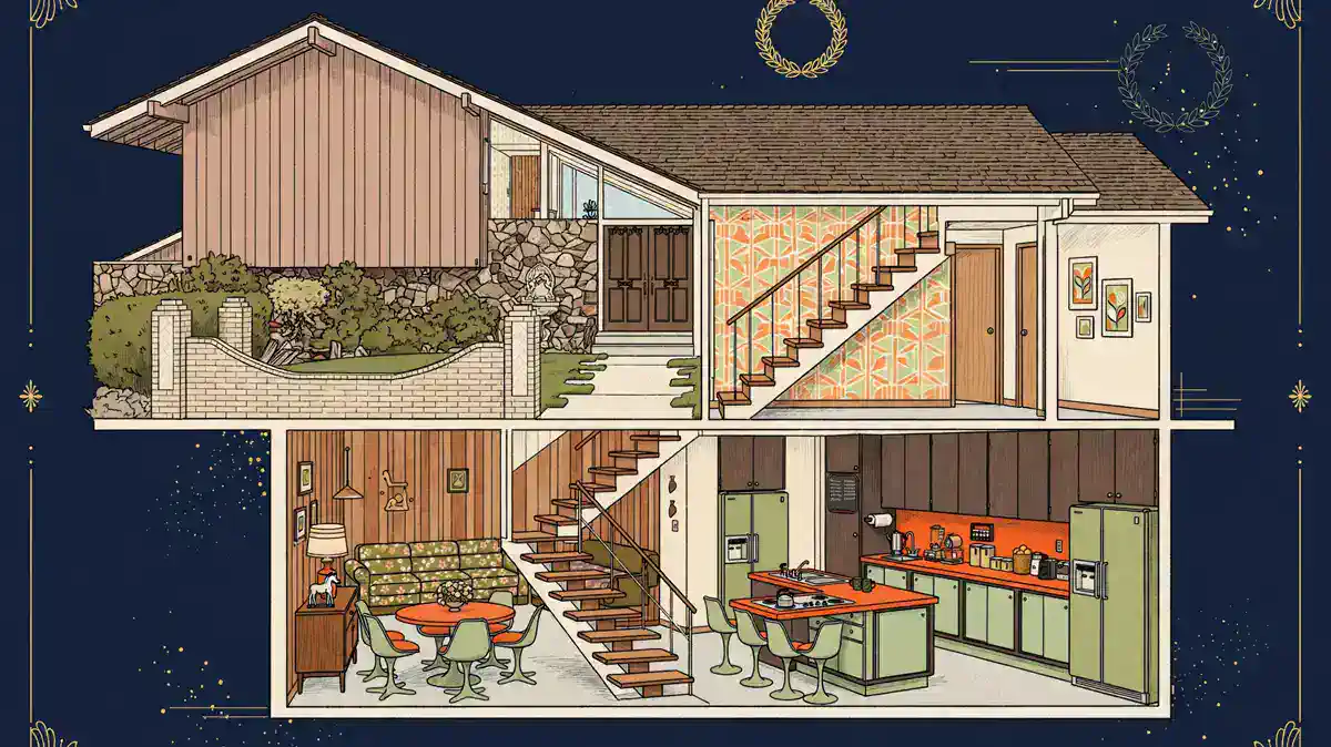 Illustrated cutaway of the iconic Brady Bunch house with the orange and avocado-green kitchen, dark navy and gold editorial style
