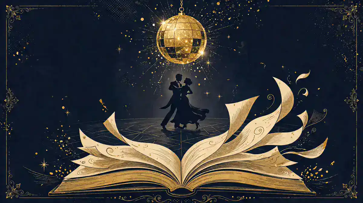 Illustrated ballroom dance floor with a golden mirror ball trophy and an open memoir, dark navy and gold editorial style