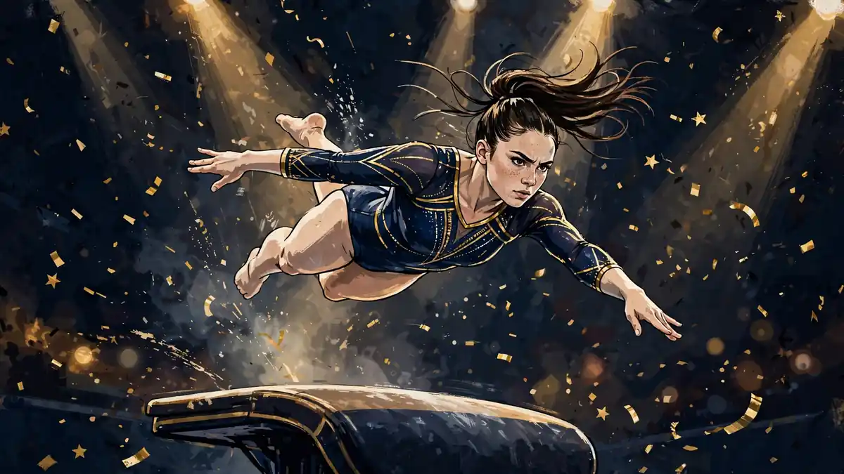 Stylized editorial illustration of Olympic gymnast McKayla Maroney performing a vault in a navy and gold leotard