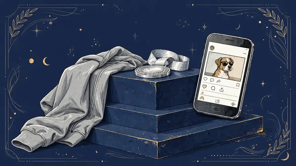Illustration of an Olympic silver medal and a viral meme smartphone on a podium