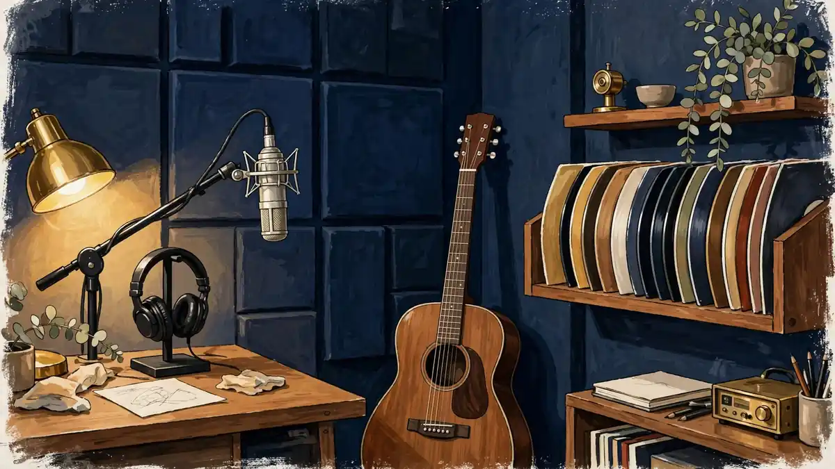 Illustration of a home music recording studio with microphone, guitar, and warm gold lighting
