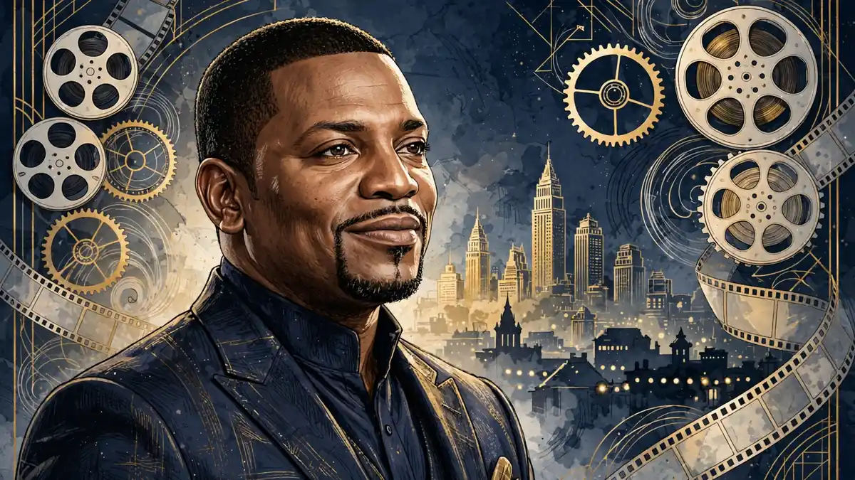 Stylized navy-and-gold editorial portrait illustration of actor Mekhi Phifer