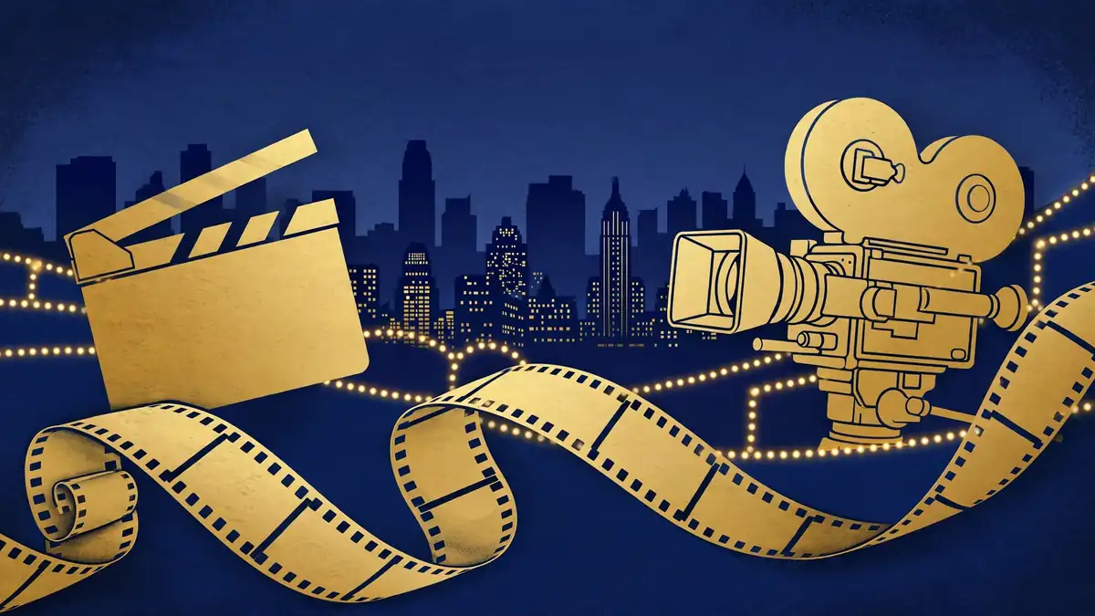 Editorial illustration of a film clapperboard and cinema camera against a dusk city skyline